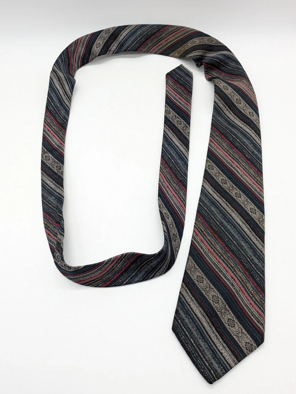 Vintage Blocks X'Andrinin Blue Grey Red Striped Silk Mens Tie